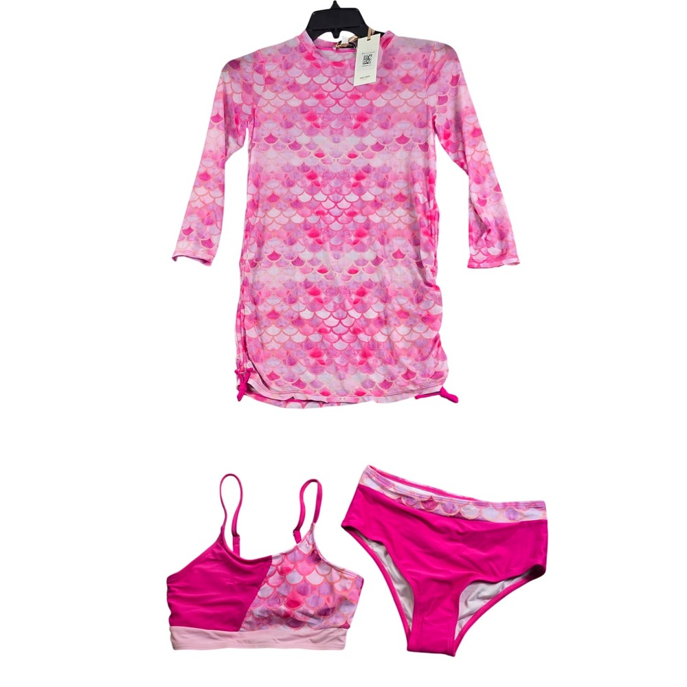 Grace Karin 3pc Swimsuit Set Girls Size 10 Pink Mermaid Rash Guard Bikini Dress